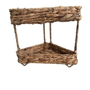 Woven Seagrass 2-Tier Corner Shelf Organizer Natural Fiber Boho Storage Basket